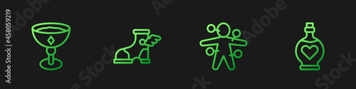 Set line Voodoo doll, Medieval goblet, Hermes sandal and Bottle with love potion. Gradient color icons. Vector