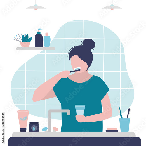 Girl brushing teeth in bathroom. Female character holding toothbrush and toothpaste. Woman monitors oral hygiene