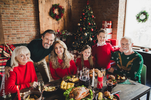 Portrait of attractive cheerful family wife husband celebrating xmas day eve noel embracing at home house indoors