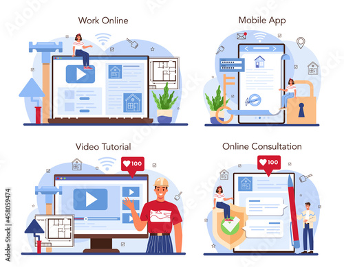 Real estate industry online service or platform set. House remodeling
