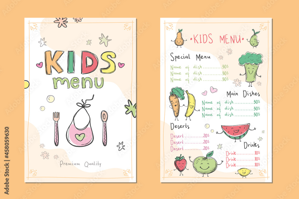 Obraz premium Two colourful cards, template for children menu. Hand drawn fruits, vegetables with funny faces. Name of dishes and prices. Baby food menu mockup. Doodles of various organic food.