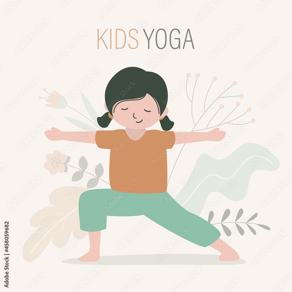Little girl stands in warrior pose 2. Female character practicing yoga. Child doing yoga exercises. Kid stands in virabhadrasana 2