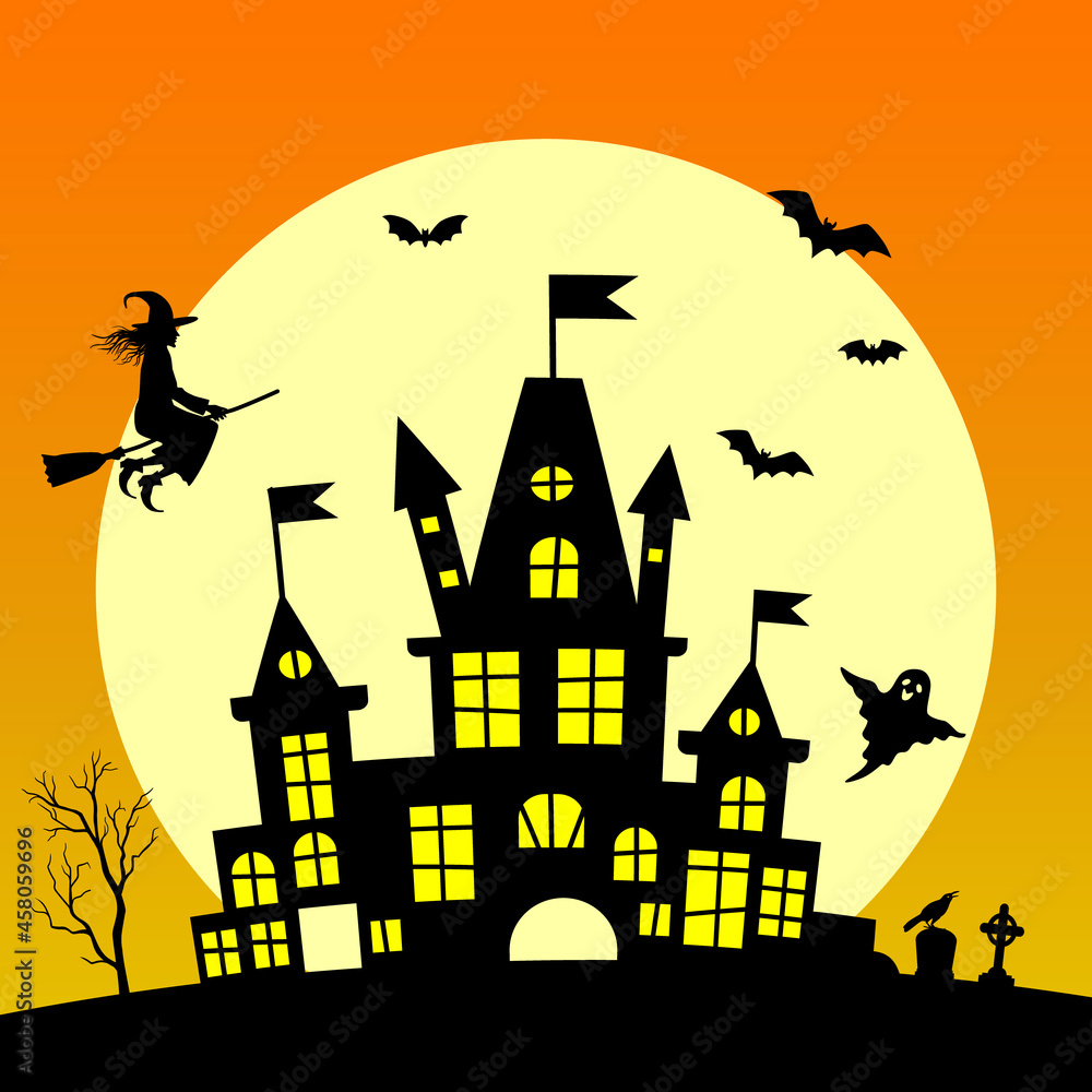 Halloween background with haunted house. Happy Halloween background with pumpkin, haunted house and full moon