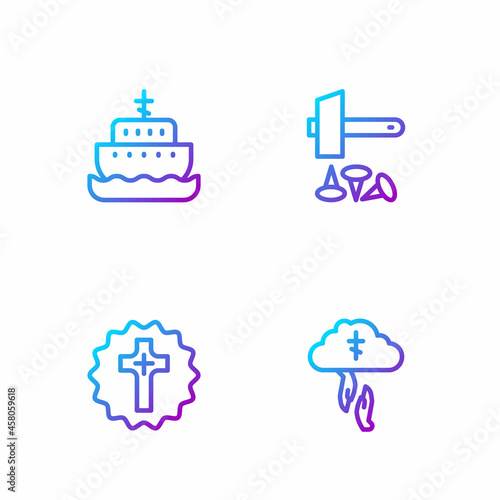 Set line God's helping hand, Christian cross, Ark of noah and Crucifixion Jesus. Gradient color icons. Vector