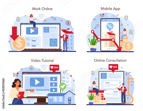Real estate industry online service or platform set. Low comission