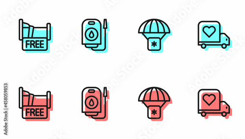 Set line Humanitarian aid, Free overnight stay house, Blood donation and Delivery truck with heart icon. Vector