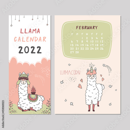 New 2022 year calendar, sunday first. February month. Schedule template with alpaca character. Funny animal in scandinavian style. Cute llama like unicorn - llamacorn.