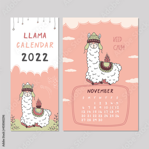 Calendar 2022, Sunday first. November month. Schedule template with cute llama. New 2022 year calendar with alpaca. Funny animal lying and keep calm. Scandinavian style.