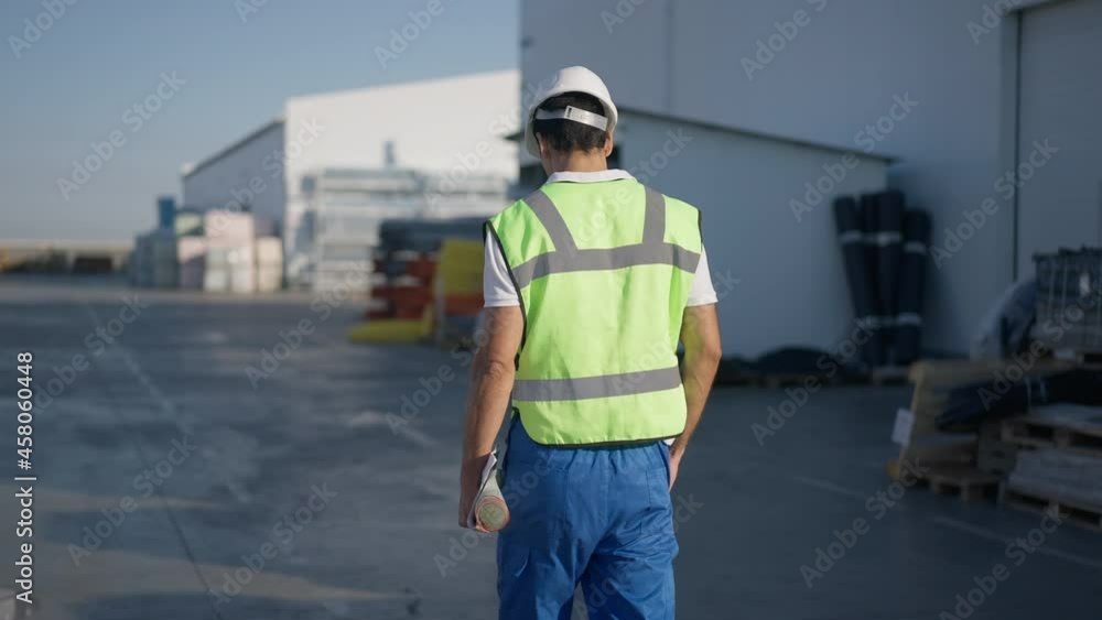 Back view of desperate stressed Middle Eastern engineer architect walking throwing blueprints in slow motion. Troubled angry expert strolling on sunny day at warehouse outdoors Back view of desperate stressed Middle Eastern engineer architect walking throwing blueprints in slow motion. Troubled angry expert strolling on sunny day at warehouse outdoors