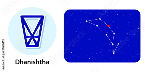 Celestial Symbols and Names. Jyotisha, Vedic or Hindu Astrology. Constellation of Stars in Sky Background. Horoscope. Lunar Mansions. Future Predictions. Dhanishtha Nakshatra