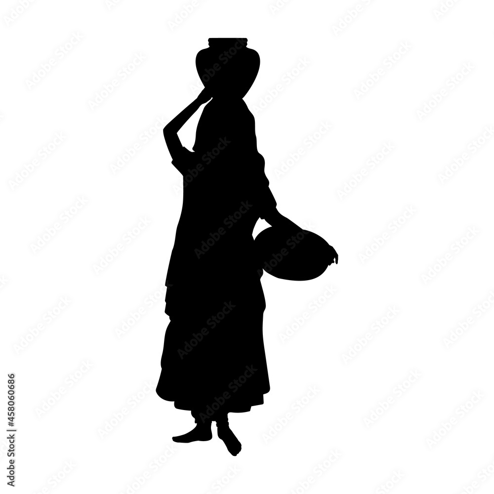 Silhouette Indian woman carrying jug on her head and basket in her hand Silhouette Indian woman carrying jug on her head and basket in her hand