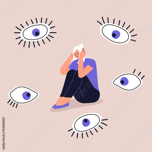 Concept of paranoia, persecution mania, phobias and mental disorders. A frightened girl sits and holds her head with her hands. The eyes look at the girl from all sides. Vector. Eps 10.