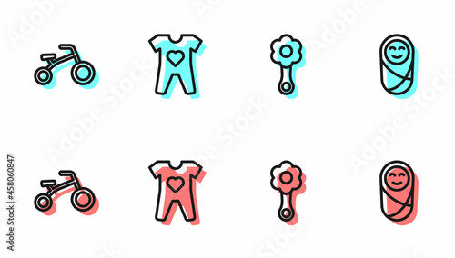 Set line Rattle baby toy, Bicycle for kids, Baby clothes and Newborn infant swaddled icon. Vector