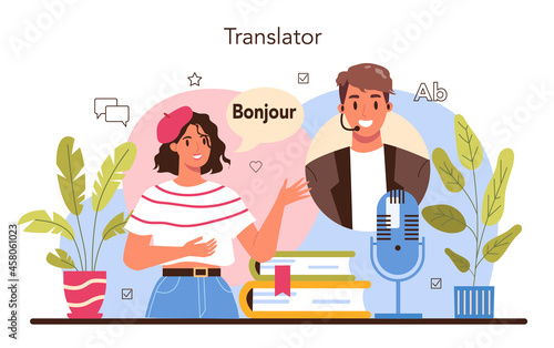 Translator concept. Linguist translating document, books and speach.
