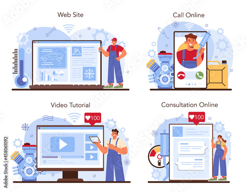 Car service online service or platform set. Mechanic in uniform check