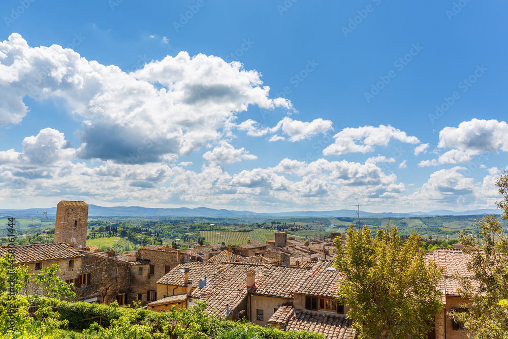 Aerial view over the rooftops of an old Italian village
