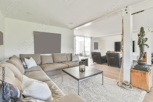 Spacious room interior with furniture and columns at home photo