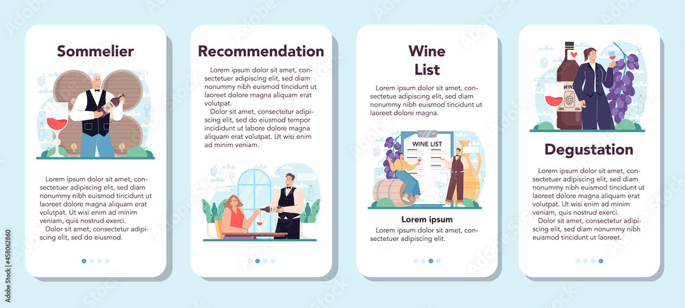 Sommelier mobile application banner set. Specialist with a glass