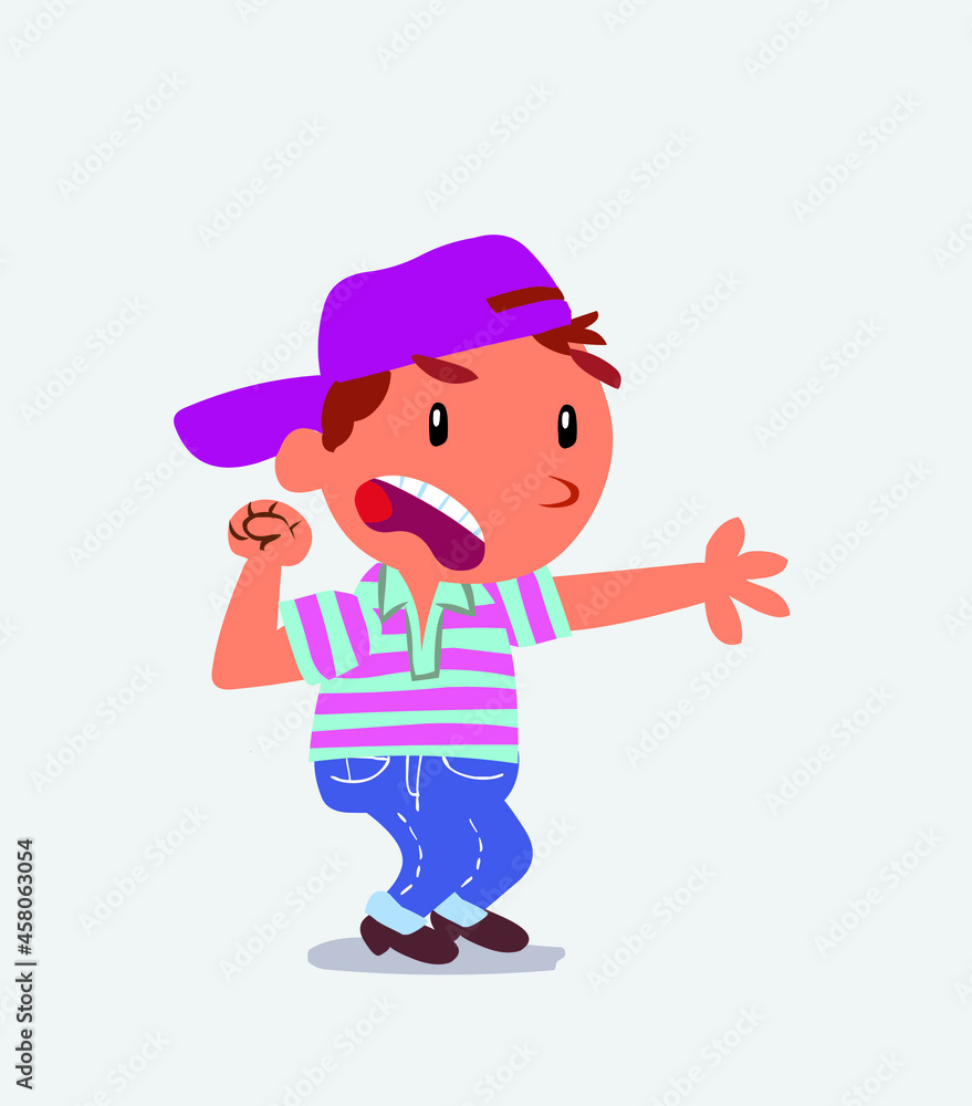 Very angry cartoon character of little boy on jeans pointing at something.