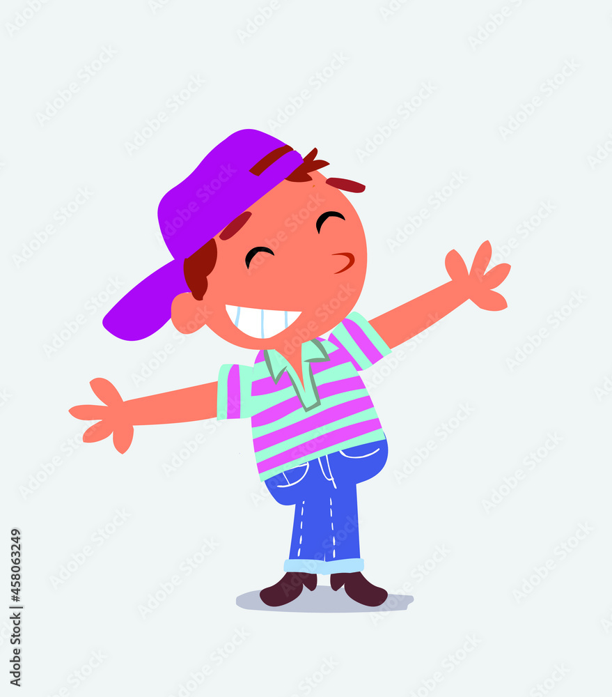 cartoon character of little boy on jeans opening arms very happy. cartoon character of little boy on jeans opening arms very happy.