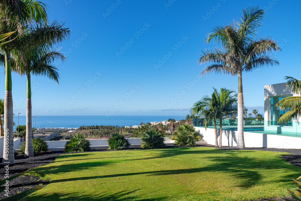 Green lawn surrounded by palm trees with  extensive views towards the ocean, tropical garden part of a luxurious property, La Caleta, Costa Adeje, Tenerife, Canary Islands, Spain