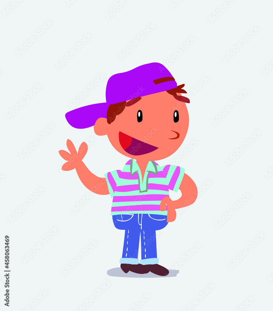 cartoon character of little boy on jeans waving happily. cartoon character of little boy on jeans waving happily.