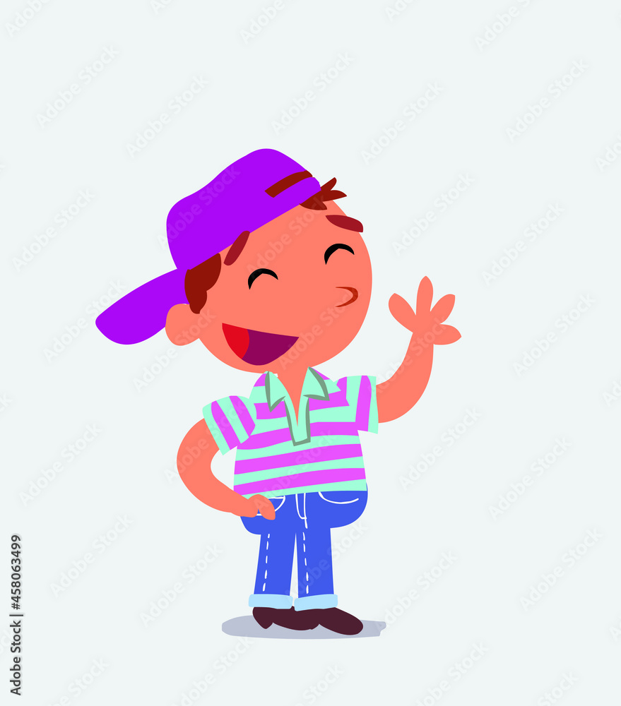 cartoon character of little boy on jeans waving informally while smiling. cartoon character of little boy on jeans waving informally while smiling.