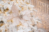 Christmas light background, macro photo white flower for decorating snow covered tree, blurred bokeh