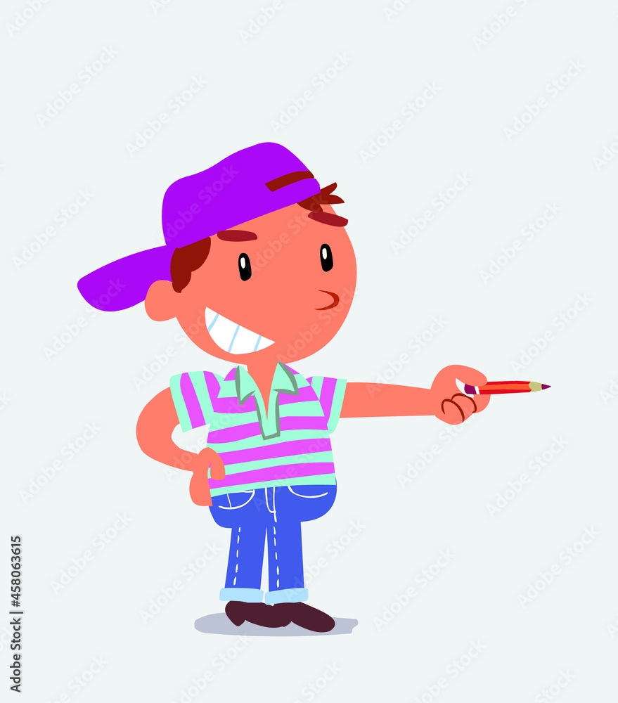 happy cartoon character of little boy on jeans points with pencil to the side. happy cartoon character of little boy on jeans points with pencil to the side.