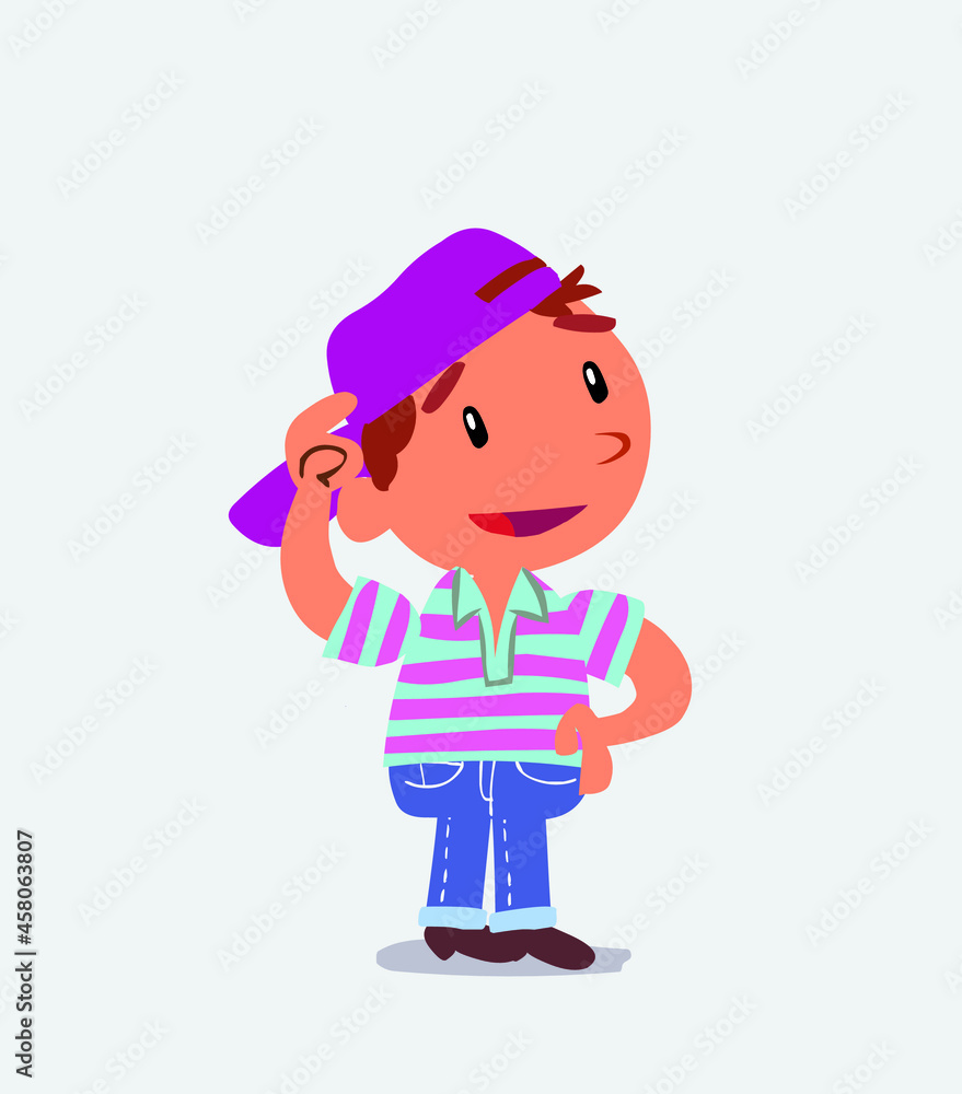 Thoughtful cartoon character of little boy on jeans scratching his head. Thoughtful cartoon character of little boy on jeans scratching his head.