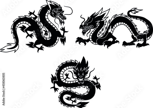 Hand drawn Silhouette dragon.Chinese dragon tattoo.Black and white Traditional Japanese dragon.
