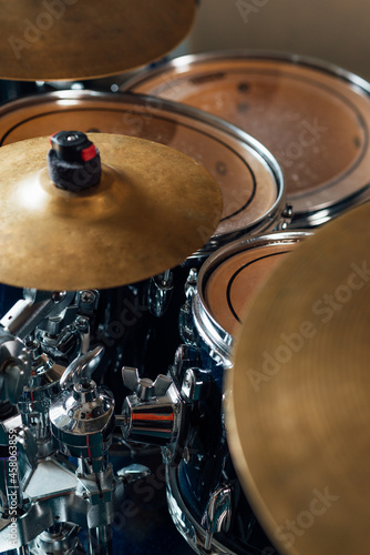 Fragment of a drum kit close up. Splash cymbal, high and mid tom.