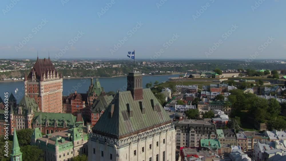 Aerial orbiting shot showing Quebec City during summer including historical landmark Frontenac castle in Quebec, Canada. Aerial orbiting shot showing Quebec City during summer including historical landmark Frontenac castle in Quebec, Canada.