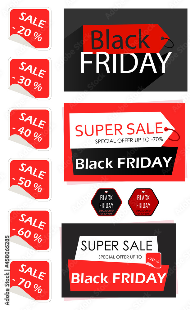 МоA set of Black Friday banner templates, vector illustration, different discount percentages.
