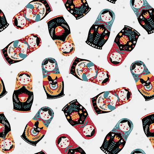 Seamless pattern with colorful Russian dolls and polka dot. Matryoshka background.