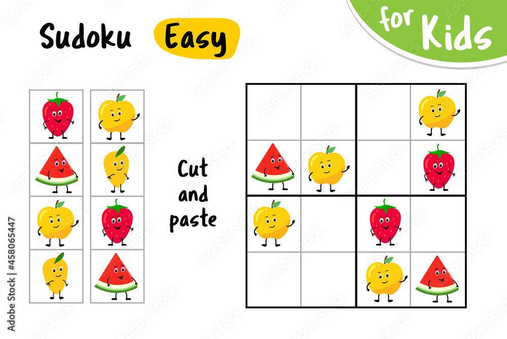 Sudoku kids game. Cut and paste the pictures. Cute fruit characters.