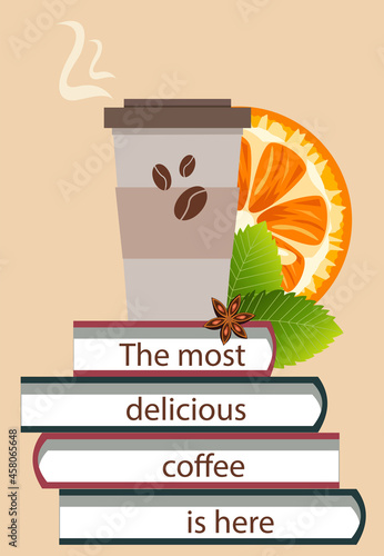 A picture of a disposable cup of coffee on a book stack. The scenery is a slice of orange and sprigs of mint. A variant of the sign or logo on the coffee shop's website.