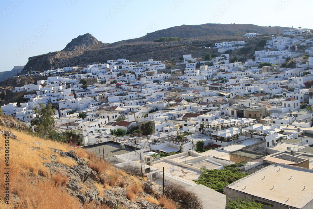 View from the Acropolis of the town Lindos on the island of Rhodes, Greece