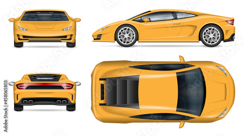 Super sports car vector mockup on white for vehicle branding, corporate identity. View from side, front, back, and top. All elements in the groups on separate layers for easy editing and re