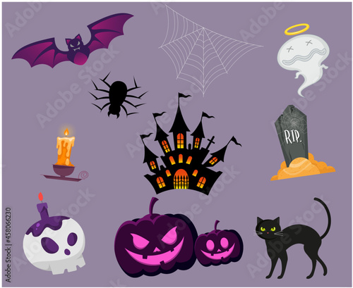 Abstract Objects Rip Tomb Halloween Background Vector Pumpkin Trick Or Treat with Spider castle and Bat Ghost