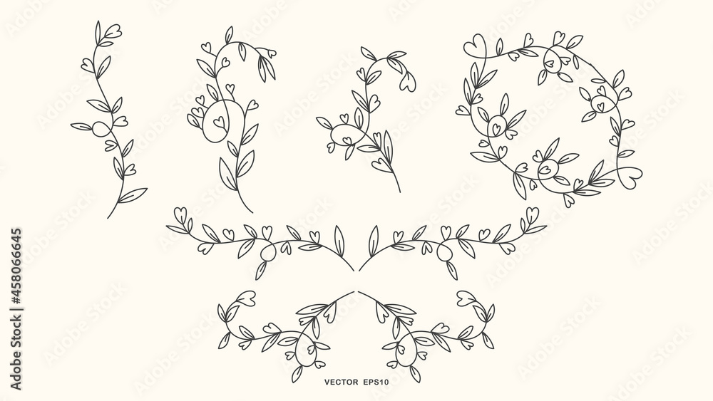 Set Geometric floral frames, borders, wreaths Trendy Line drawing, line art style isolated background , Vector illustration EPS 10