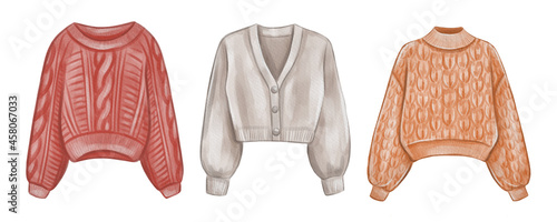 Watercolor set of knit sweaters. Hand drawn fahion cosy sweaters collection