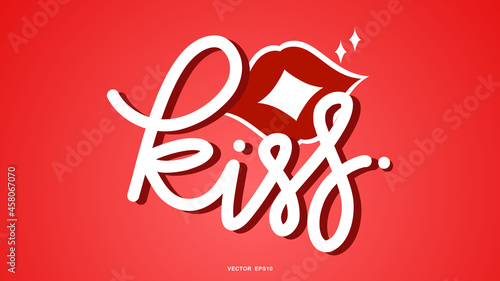 Kiss handwritten calligraphy with red woman lips , isolated on pink background for content online or web, banner and template, Simple cartoon flat style. illustration Vector EPS 10