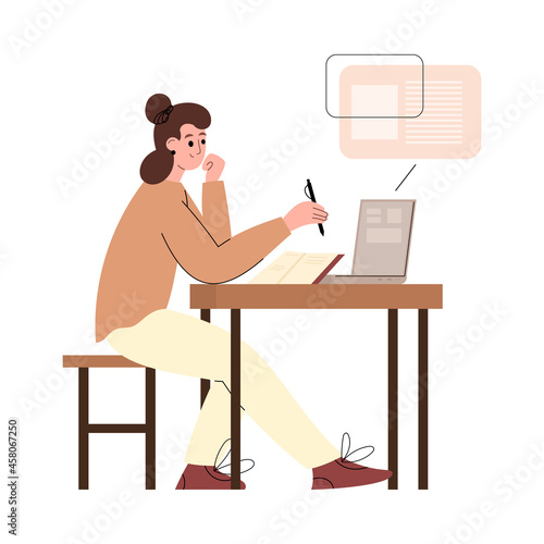 Student studying online in virtual classroom, flat vector illustration isolated.