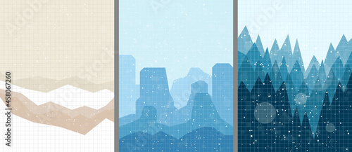 Vector illustration landscape. Mountains, forest. Grid pattern. Winter cold snowy season background. Polygonal style. Design for postcard, poster, copybook cover, web template, brochure, flyer, layout