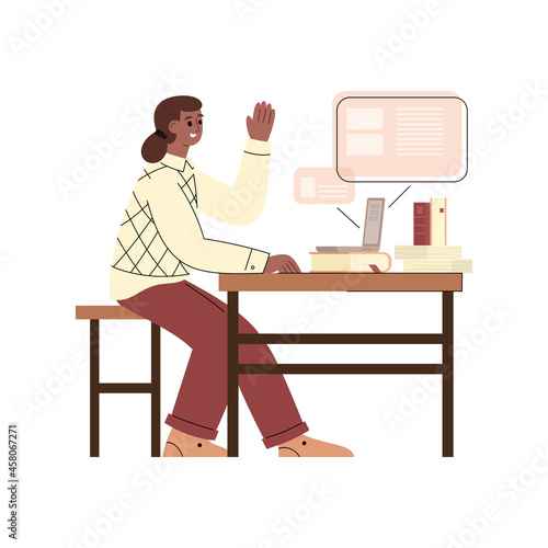 Young woman studying online using laptop  flat vector illustration isolated.