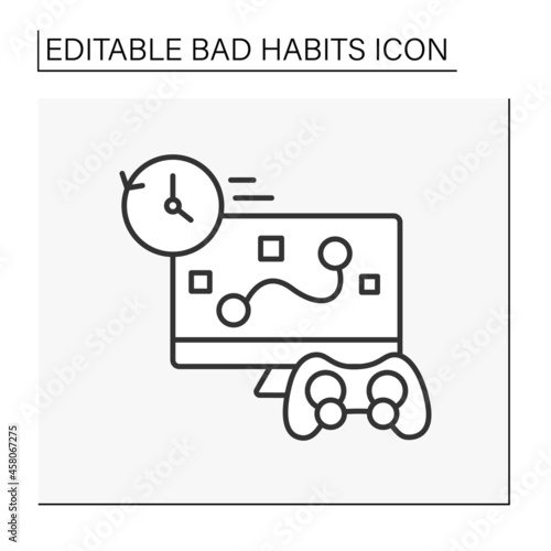 Addiction line icon. Uncontrolled game playing. Game online shooting games whole night.Bad habits concept. Isolated vector illustration. Editable stroke