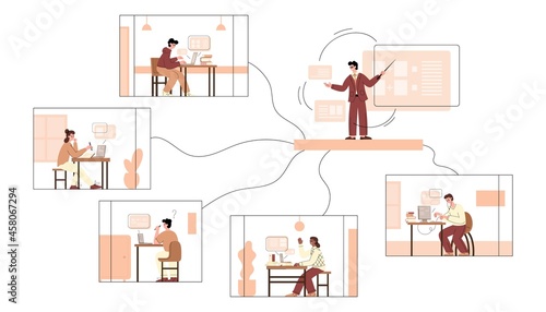 Students and teacher in virtual classrooms, flat vector illustration isolated.