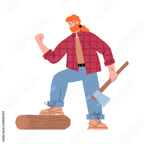 Lumberjack standing one foot on tree trunk, flat vector illustration isolated.