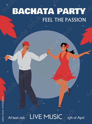 Bachata dance party advertising banner or flyer flat vector illustration.